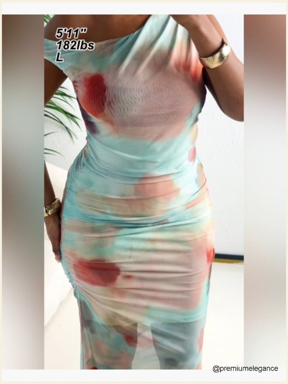 One Shoulder Ruched Bodycon Midi Dress Mesh Tie-Dye Party - Picture 7 of 7